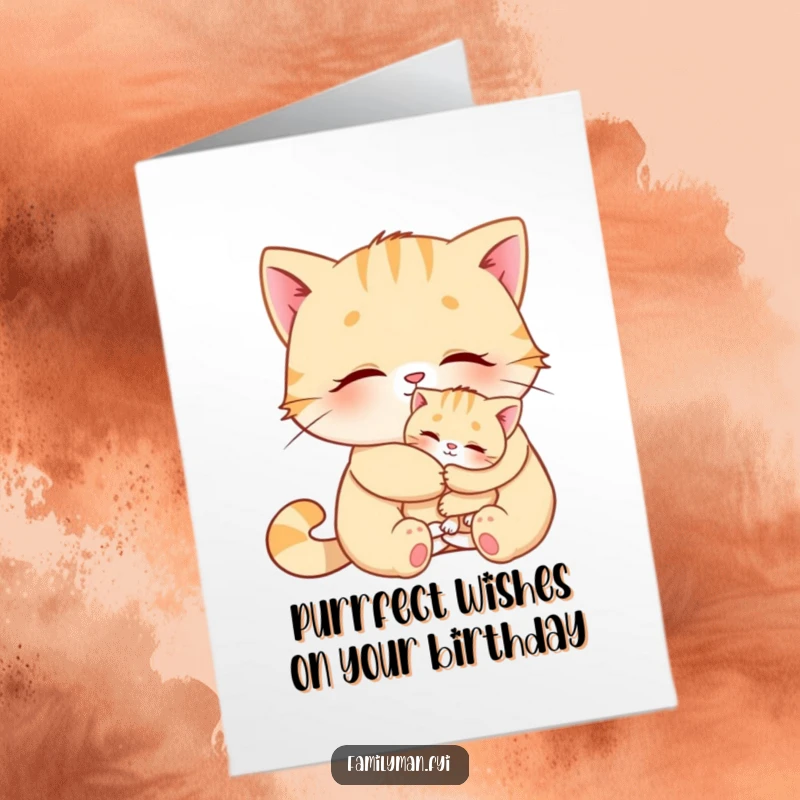 Funny Free Printable Birthday Card: A big cat lovingly hugs a tiny kitten, conveying a sweet and humorous birthday wish.