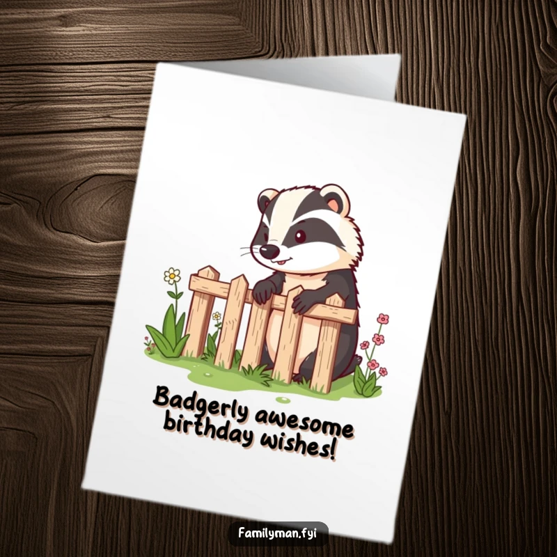 Funny Free Printable Birthday Card: Determined badger fencing a garden with intense focus, a DIY humorous gift.
