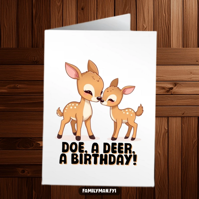 Funny Free Printable Birthday Card: Gentle deer nudges fawn playfully, sweet family moment, perfect downloadable gift.