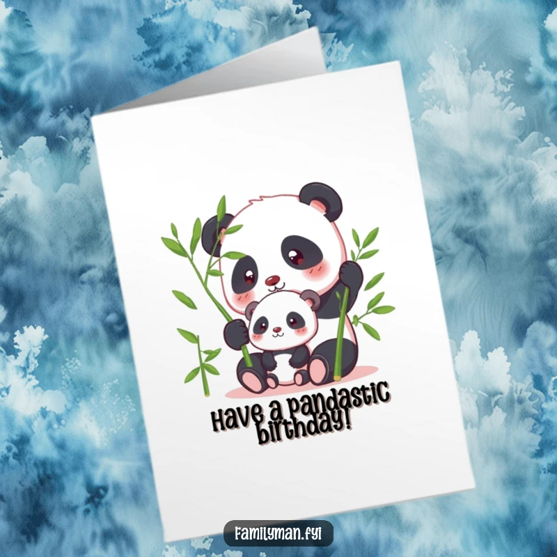 Funny Free Printable Birthday Card: Focused panda shares bamboo with offspring, loving parent-child moment, perfect downloadable gift.