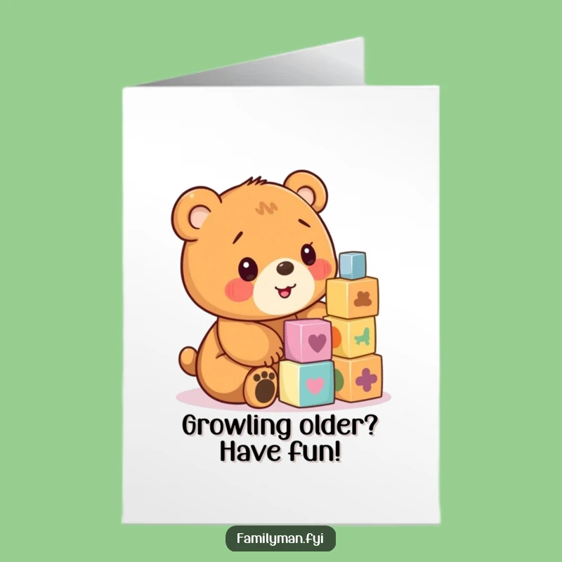 Free Printable Birthday Card: Playful Bear Cub Blocks Design, Joyful Downloadable Gift