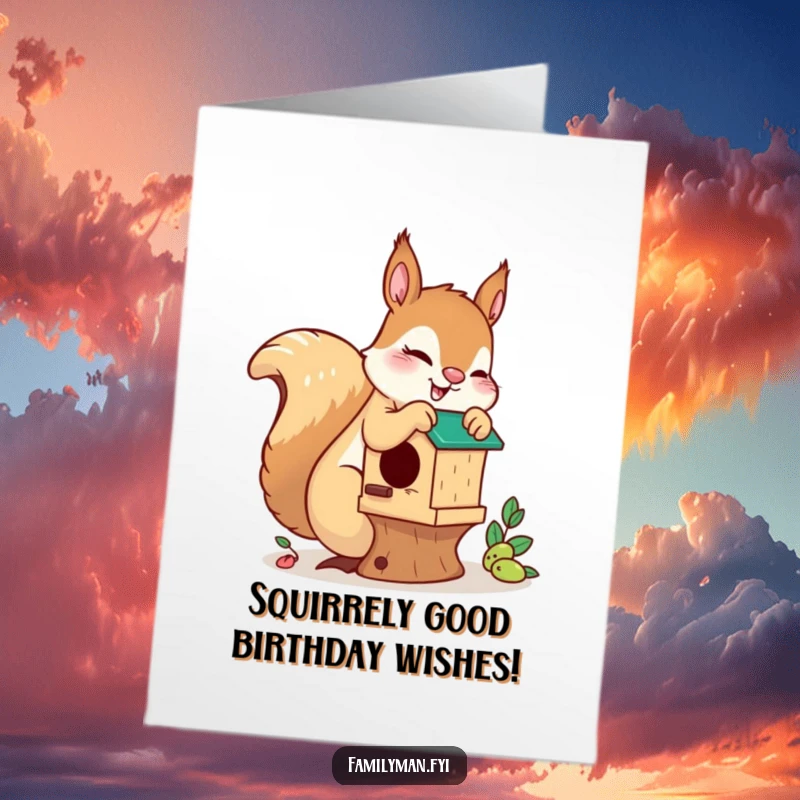 Funny Free Printable Birthday Card: A playful squirrel skillfully repairs a small, cozy birdhouse.
