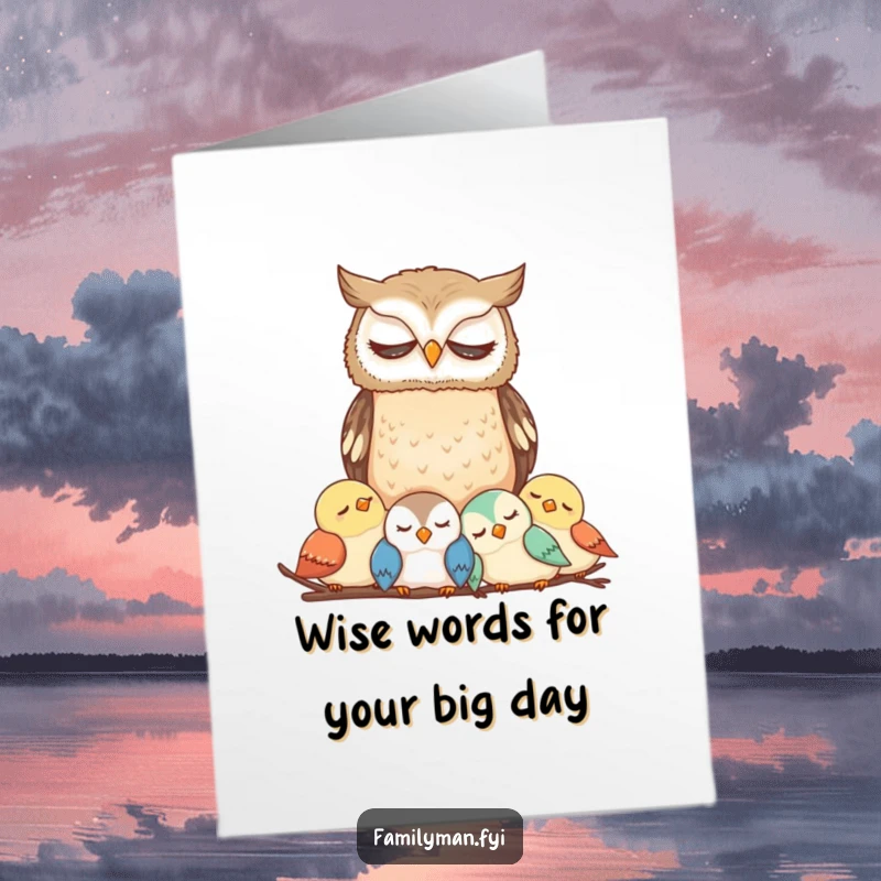 Funny Free Printable Birthday Card featuring a wise owl protectively watching over sleeping baby birds, making a hilarious greeting.
