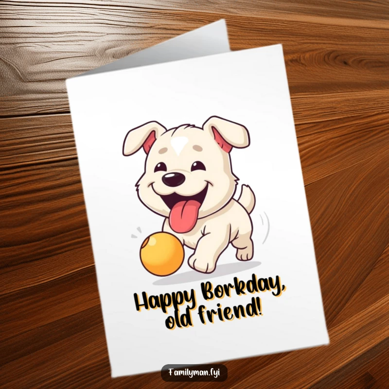 Funny Free Printable Birthday Card: Happy dog with tongue out, enthusiastically chasing a bouncing ball, a fun downloadable.