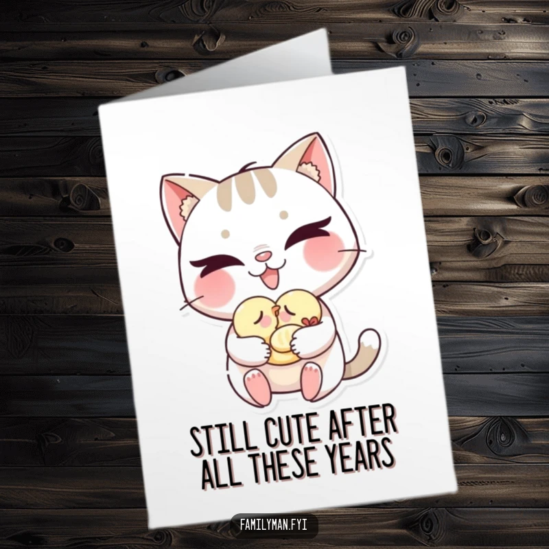 Funny Free Printable Birthday Card: Mischievous cat with a grin gently carries a sleeping baby bird, ready to deliver laughs.