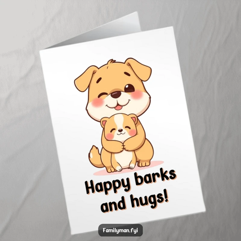 Funny Free Printable Birthday Card: Cheerful dog embracing a smaller, happy animal with a big hug.