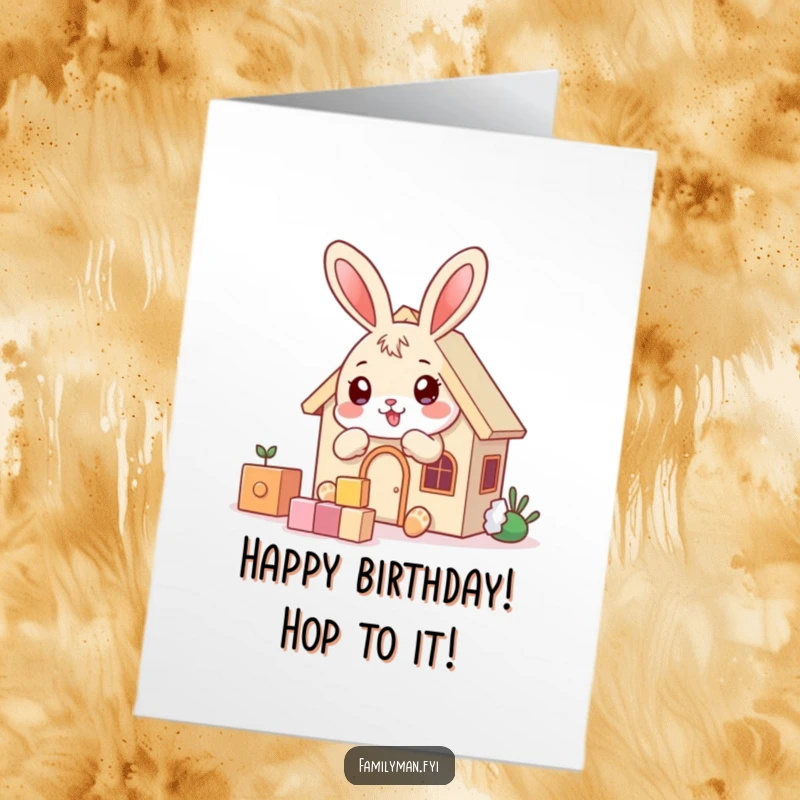 Free Printable Birthday Card: Playful bunny builds a house with toy blocks, celebrating construction and fun.