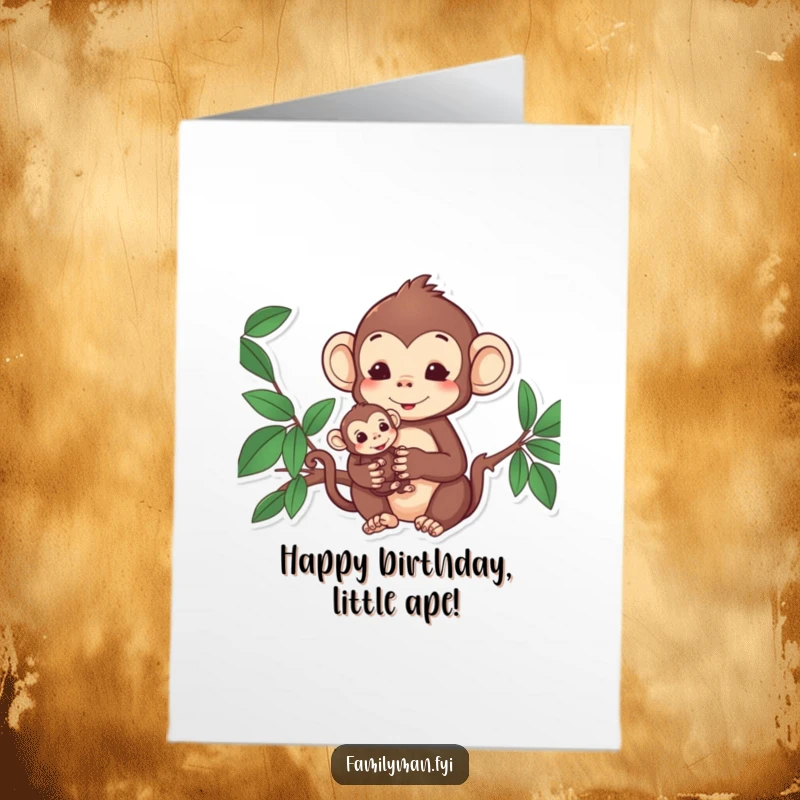 Funny Free Printable Monkey Birthday Card: Content monkey lovingly holding a small baby monkey, both smiling warmly.