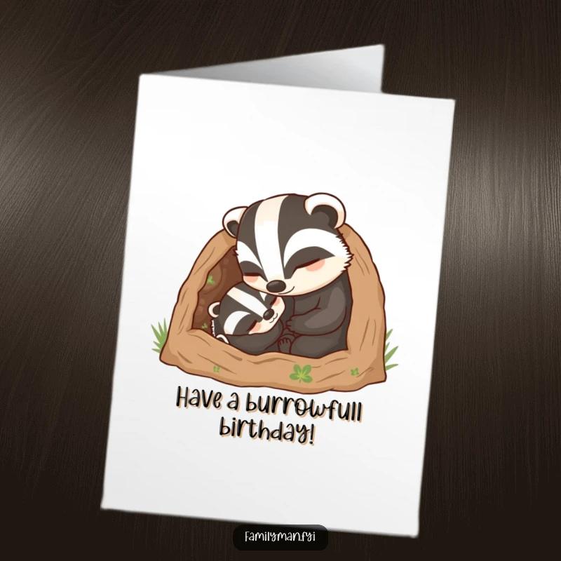Cute Free Printable Birthday Card: Caring father badger tucks his child into a warm, cozy burrow.