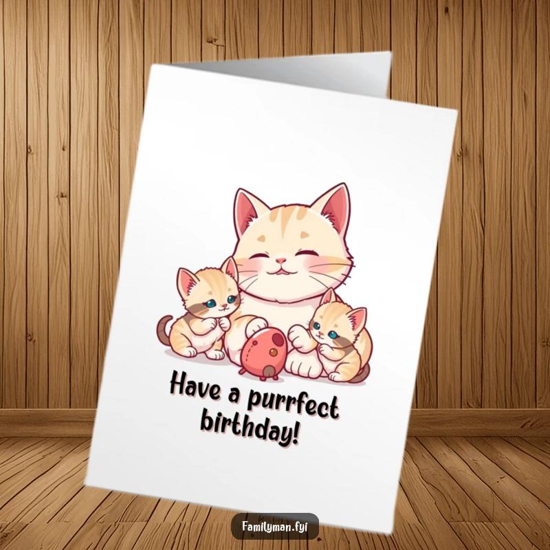 Funny Free Printable Cat Dad Birthday Card: Proud dad cat watches kittens playfully bat at a toy mouse.