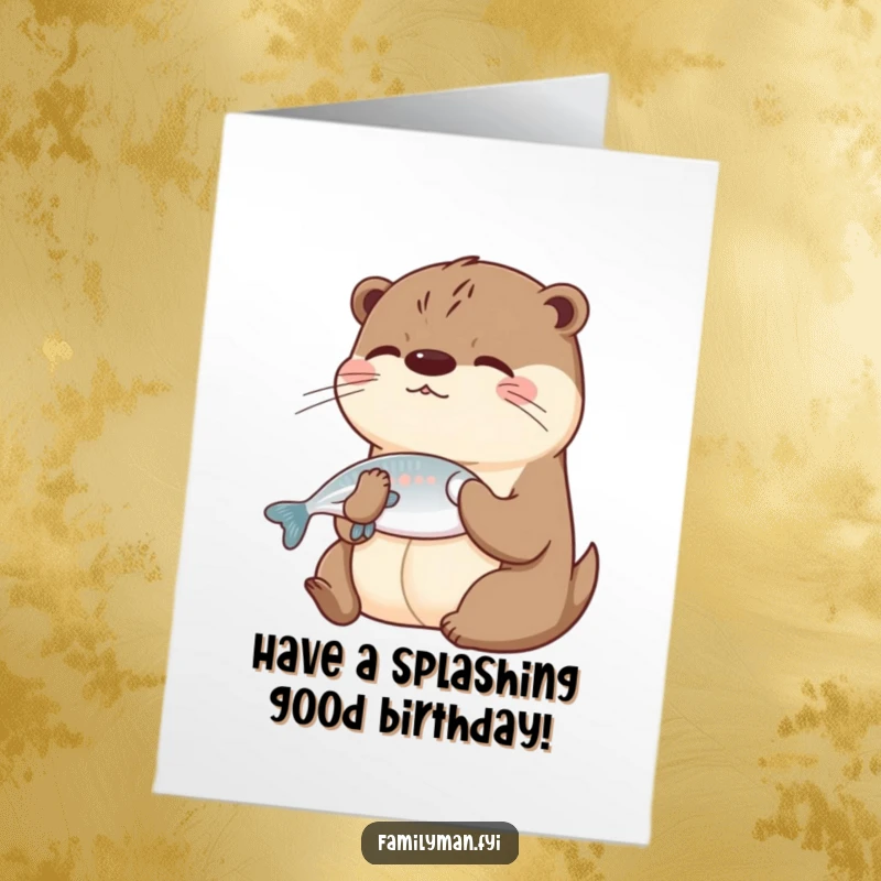 Funny Free Printable Birthday Card: A playful otter happily shares a fish with a smiling friend, perfect for a joyous occasion.