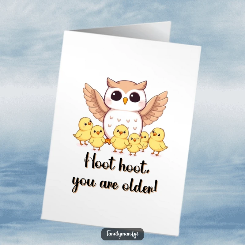 Funny Free Printable Birthday Card: Joyful owl character giving flying lessons to tiny, eager chicks.