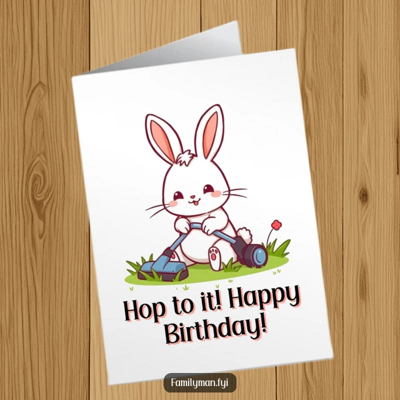 Funny Free Printable Birthday Card of a cheerful rabbit happily mowing a small, neat lawn with a big smile.