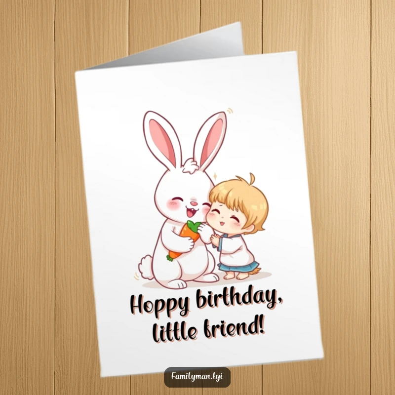 Sweet Free Printable Birthday Card: Loving rabbit sharing a carrot with a child, celebrating a birthday with gentle kindness.