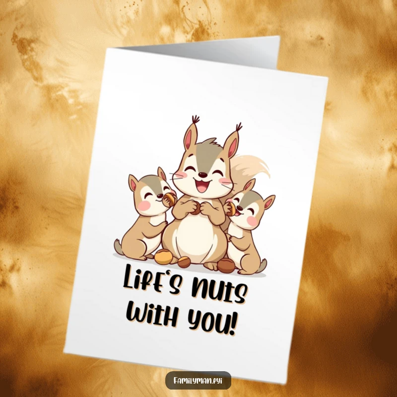 Funny Free Printable Birthday Card: Delighted squirrel generously sharing a pile of nuts with his happy animal friends.