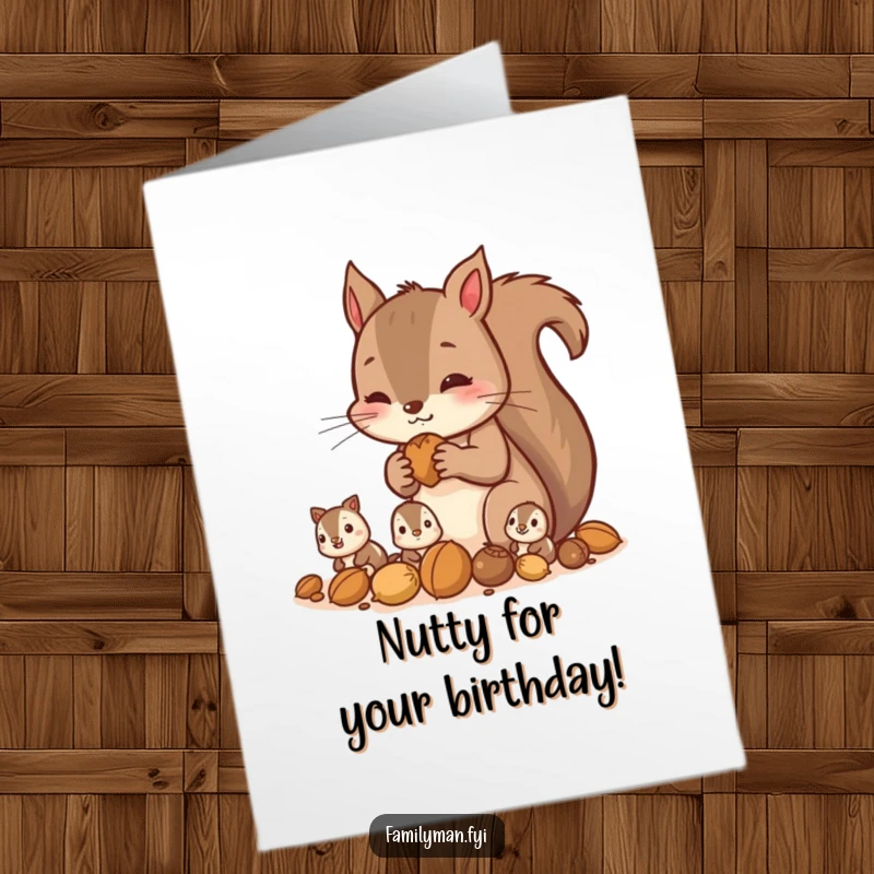 Funny Free Printable Birthday Card: Diligent squirrel gathers nuts with children, busy family scene, perfect downloadable gift.