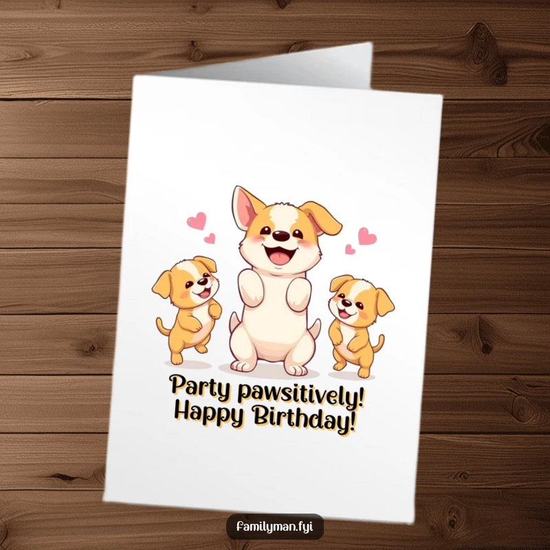 Funny Free Printable Birthday Card showing a happy dog expertly juggling three adorable, playful puppies.