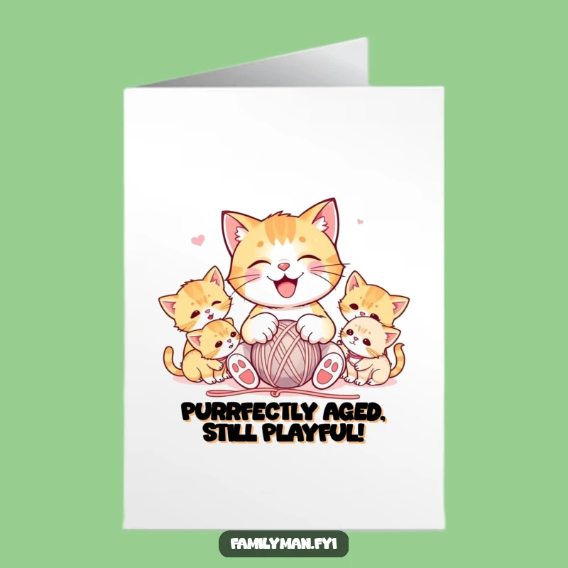 Free Printable Funny Birthday Card: Joyful Cat & Kittens with Yarn, Humorous Downloadable Gift