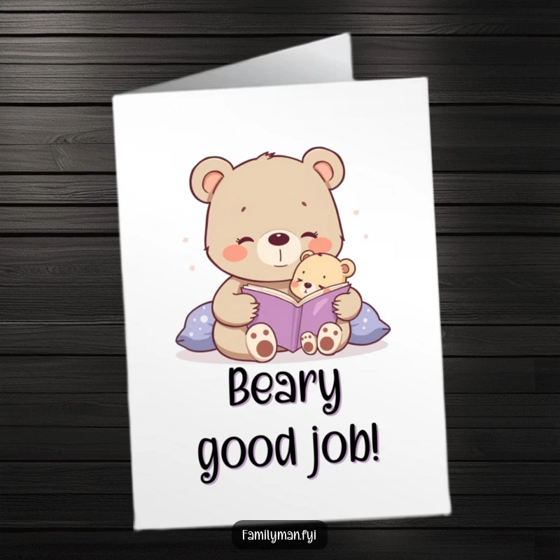 Funny Free Printable Congrats Card: Happy bear cub reading a bedtime story to a small cub, symbolizing shared success and joy.