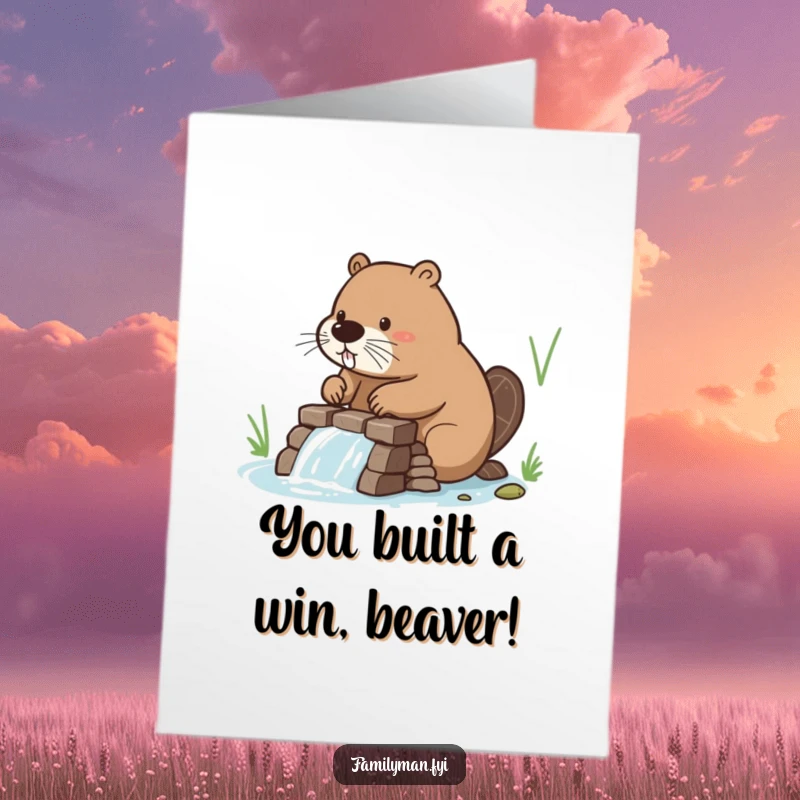 Funny Free Printable Congratulations Card: A focused beaver builds a sturdy dam, humorously representing the construction of success.