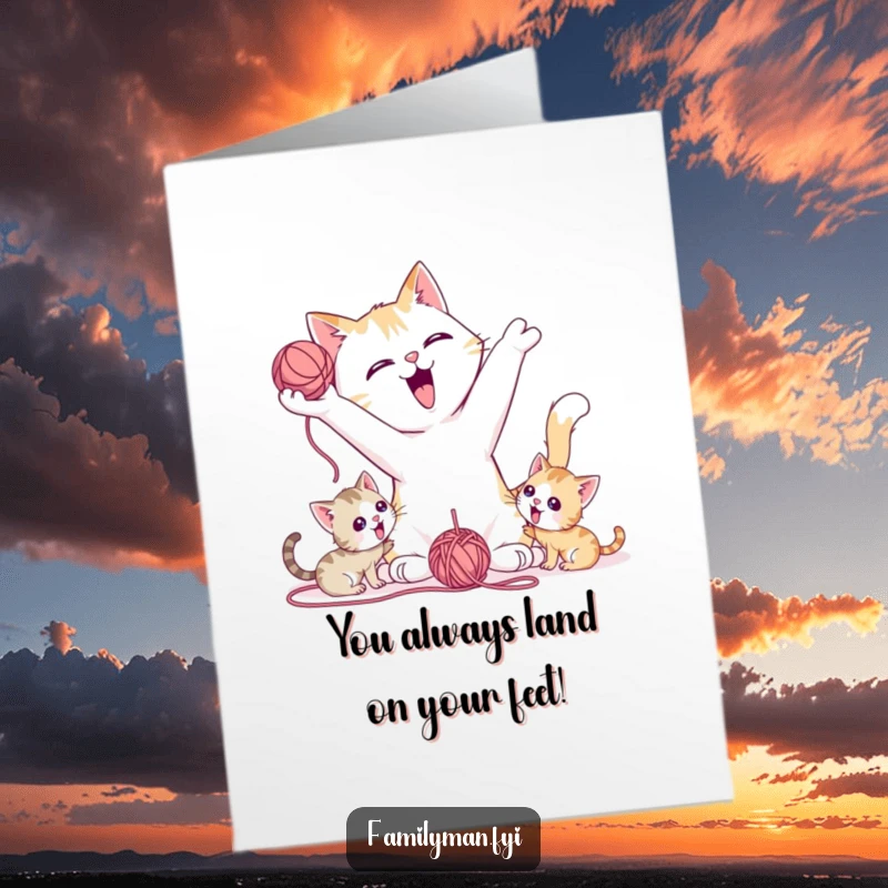 Funny Free Printable Congratulations Card: A happy father cat playing with yarn while kittens chase it.