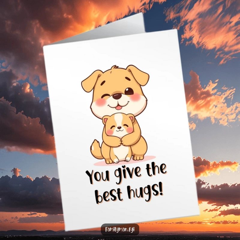 Free Printable Congratulations Card: Cheerful dog giving a big, heartwarming hug to a little friend.