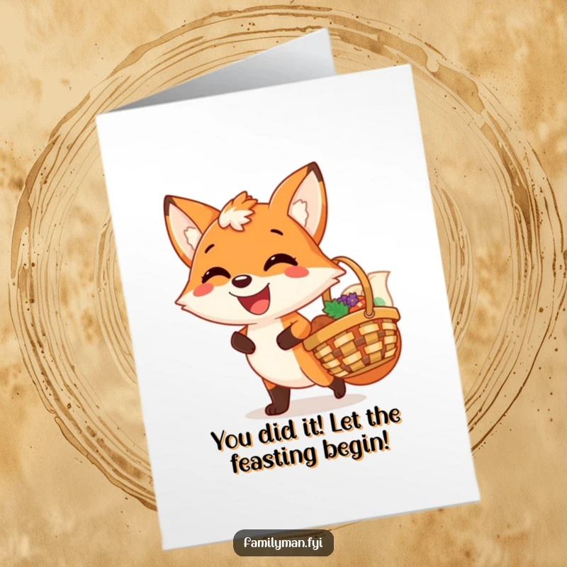 Funny Free Printable Congratulations Card with a joyful fox beaming with a picnic basket, celebrating a big win.