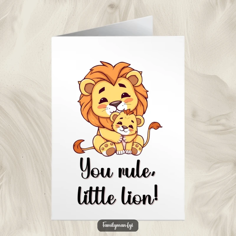 Heartfelt Free Printable Congrats Card: Proud lion embracing a small cub, signifying a proud and loving congratulatory moment.