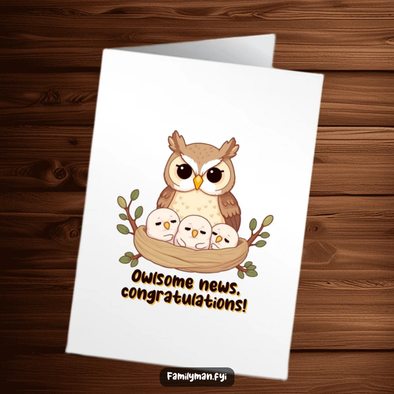 Funny Free Printable Congrats Card: Proud owl guardian of sleeping owlets in a nest, a DIY sweet gift.