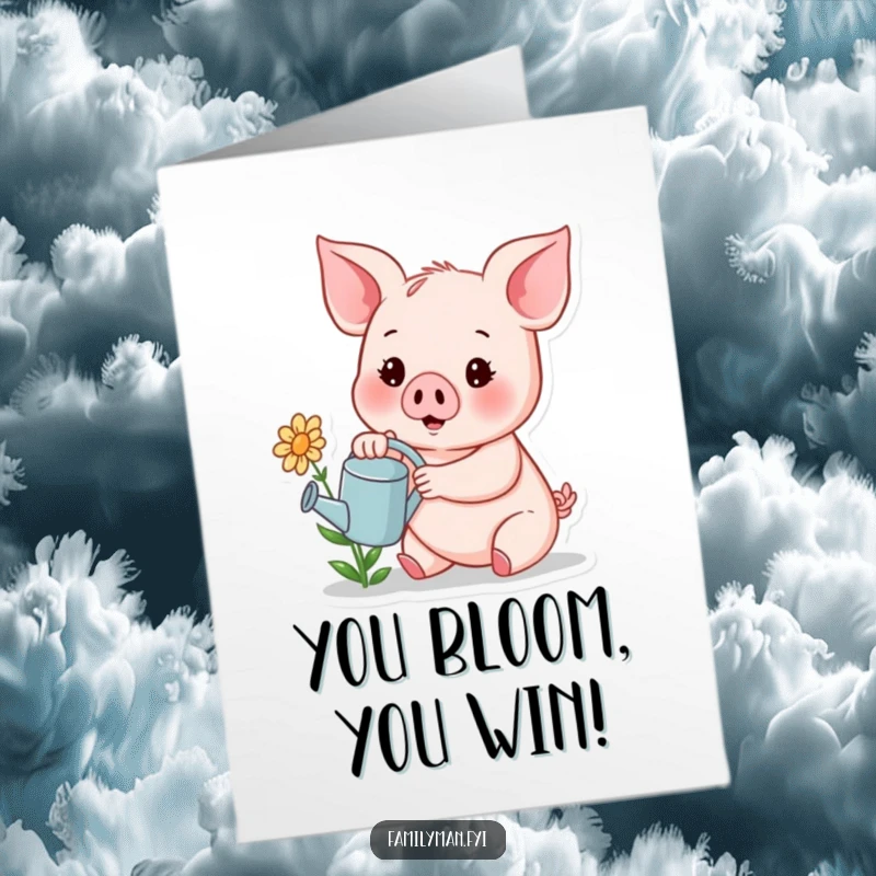 Funny Free Printable Congrats Card: Cheerful piglet holds watering can, tending a small smiling flower, a nurturing downloadable.