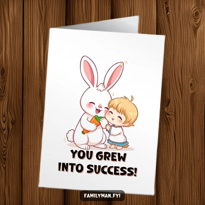 Sweet Free Printable Congrats Card: Gentle rabbit sharing a carrot with a child, marking a happy and sweet occasion.