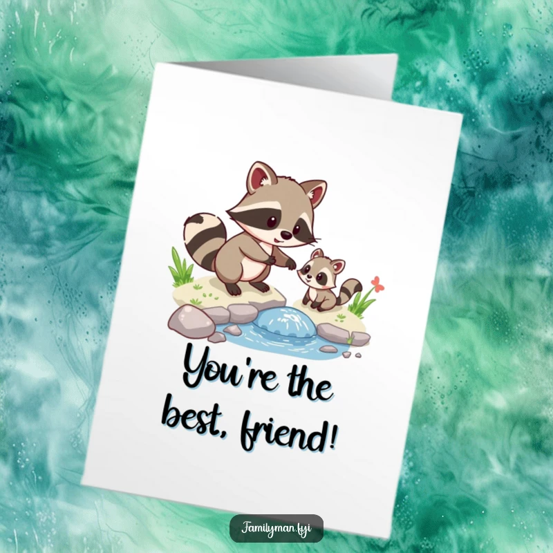 Funny Free Printable Congratulations Card: A playful raccoon assists a smaller creature across a stream, symbolizing support and congratulations.