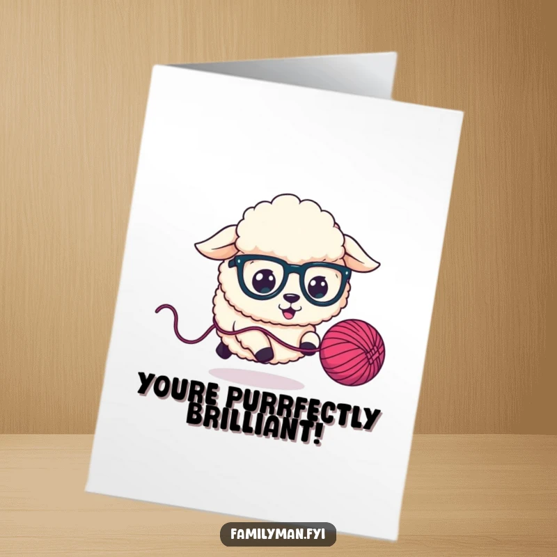 Funny Free Printable Congrats Card: Fluffy sheep dog in oversized glasses enthusiastically chases a bouncing yarn ball, celebrating.