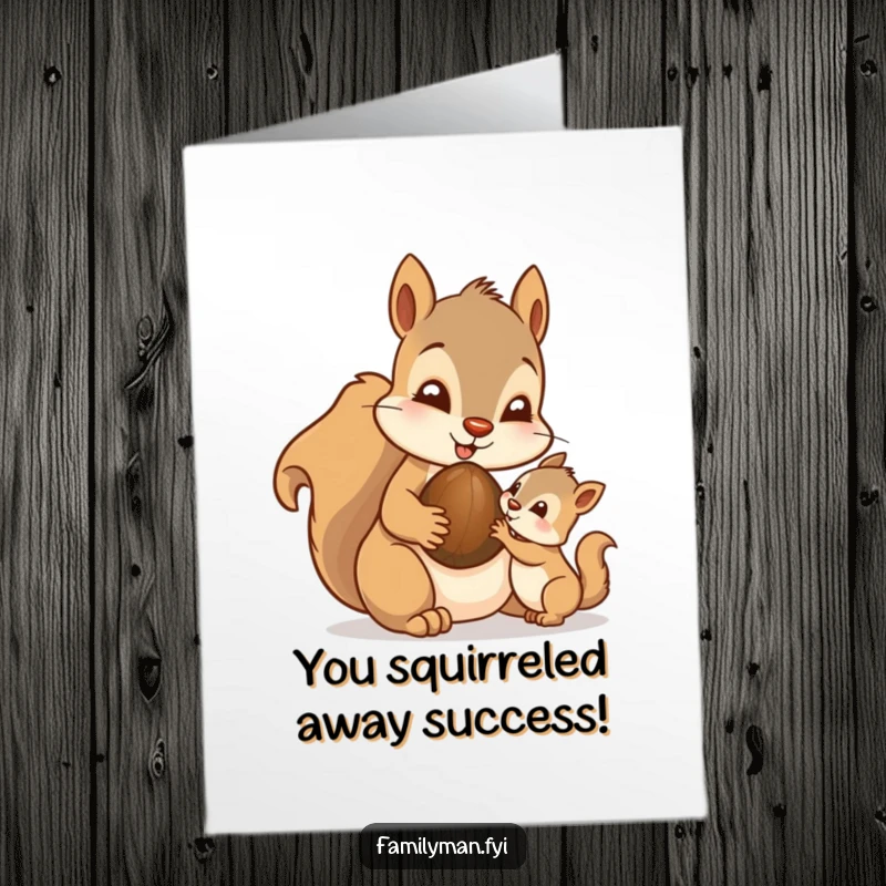 Funny Free Printable Congratulations Card: Doting father squirrel generously shares a prized nut with its delighted youngster.