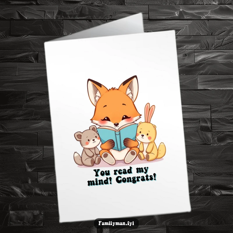 Funny Free Printable Congratulations Card: Curious fox reads a book to attentive stuffed animals, celebrating achievements with humor.