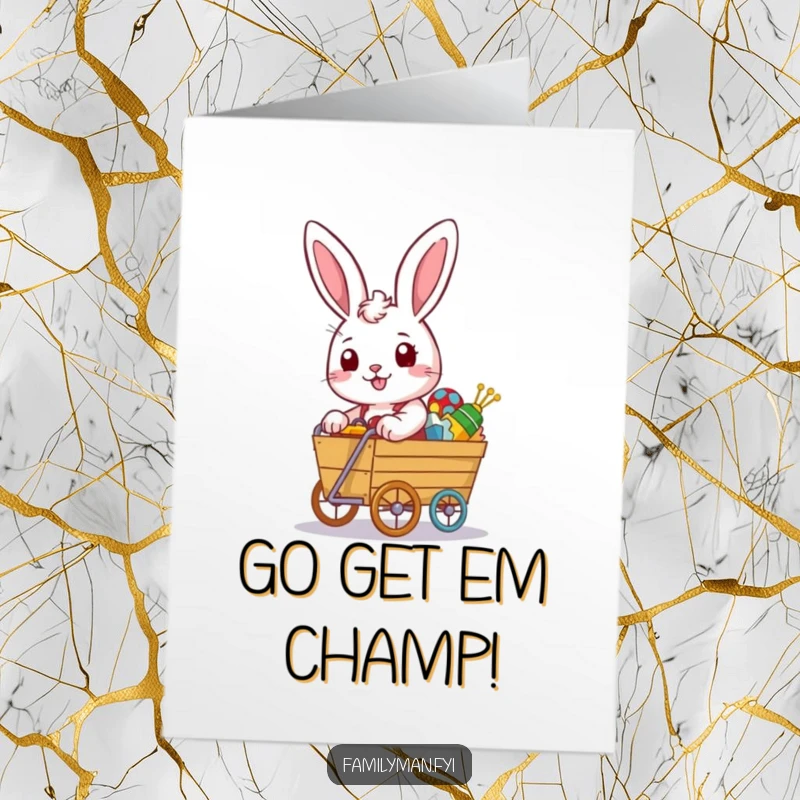 Funny Free Printable Congratulations Card: Determined rabbit with an overflowing toy cart, celebrating a fantastic achievement.