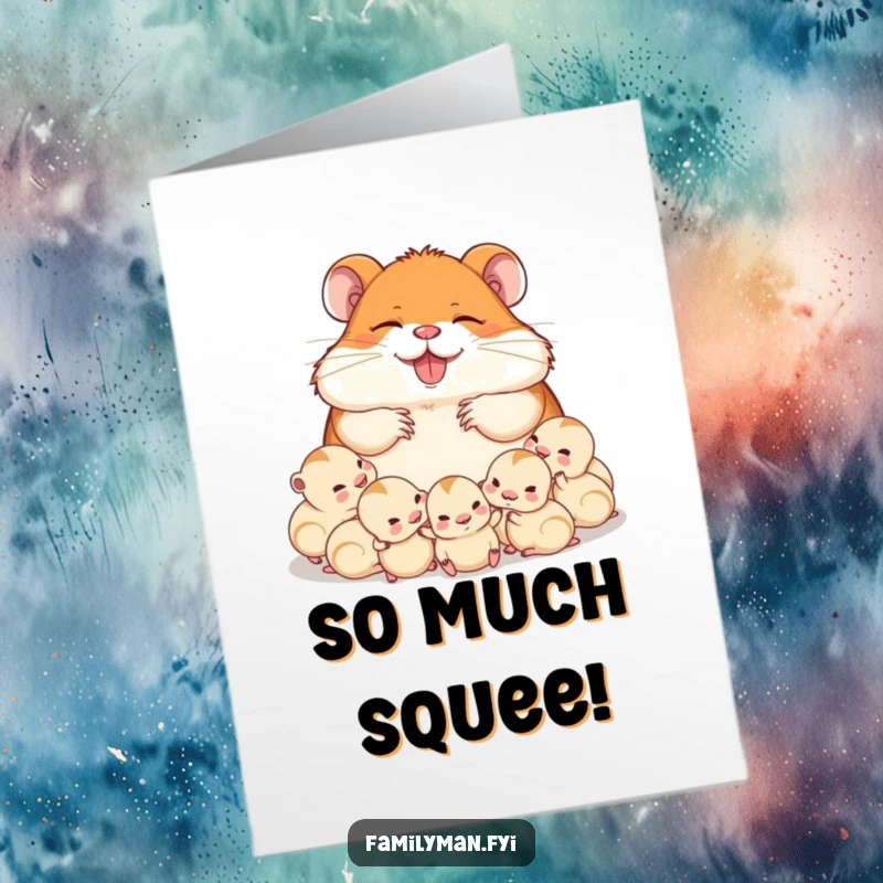 Funny Free Printable Hamster Dad Congratulations Card: Delighted dad hamster naps surrounded by babies, celebrating new beginnings.