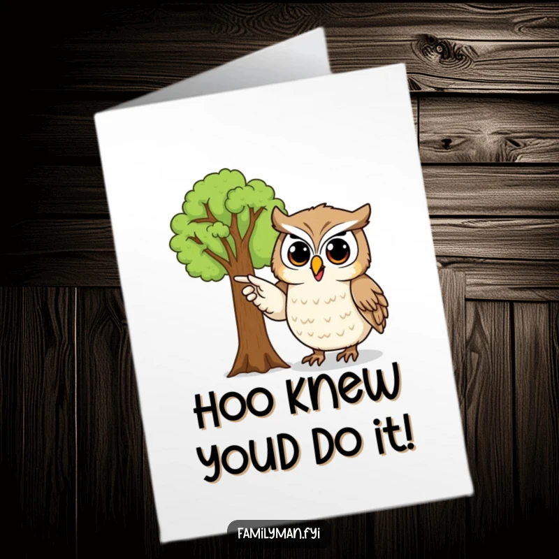 Funny Free Printable Congratulations Card: Proud owl proudly displays family tree, celebrating success and lineage with happiness.