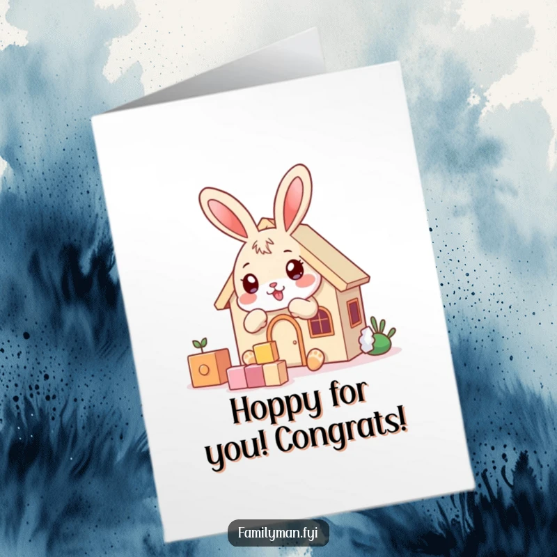 Free Printable Congratulations Card: Playful bunny character building a sturdy house with toy blocks, symbolizing achievement.