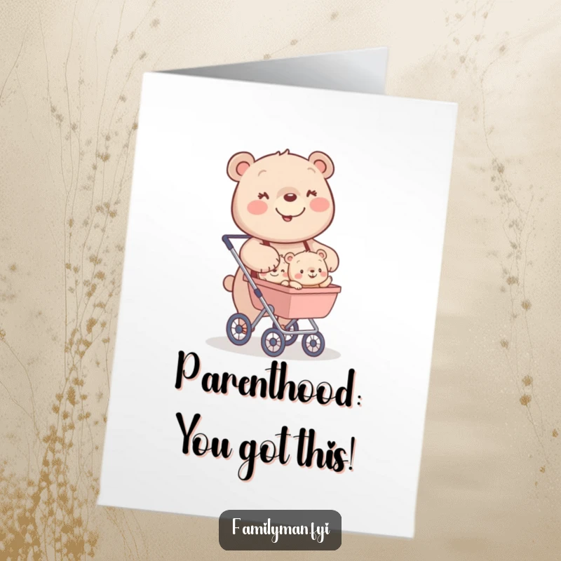Free Printable Congratulations Card: Happy bear proudly pushing a stroller filled with tiny, adorable cubs.