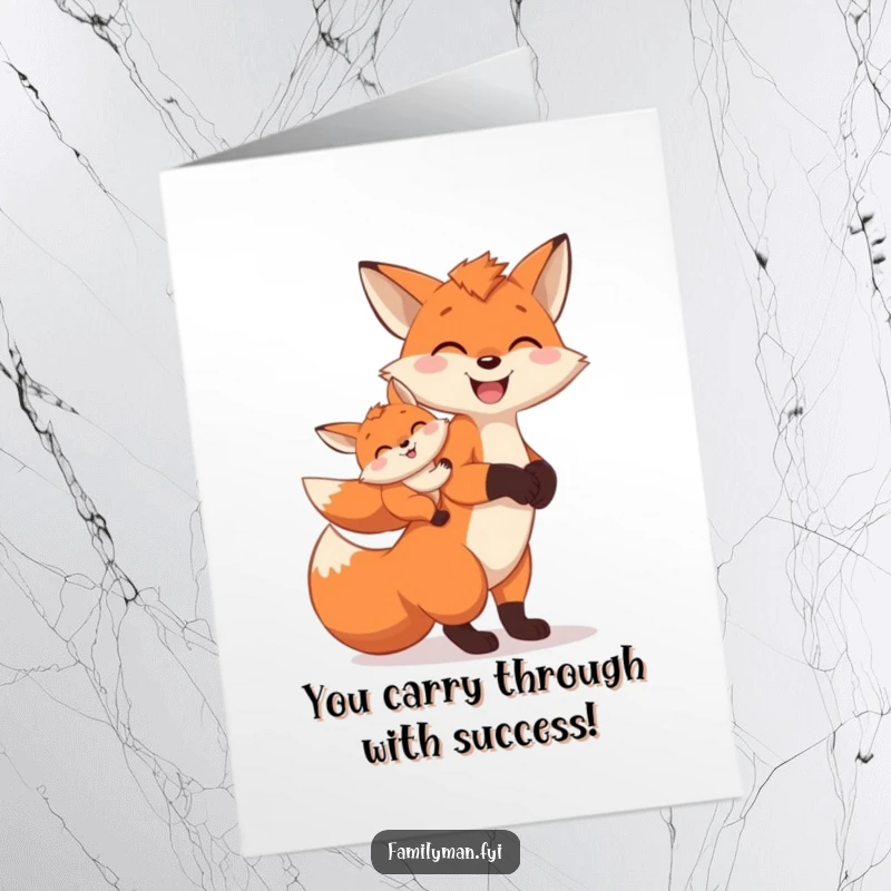 Funny Free Printable Congratulations Card: A proud father fox carrying a baby fox on its back, symbolizing support.