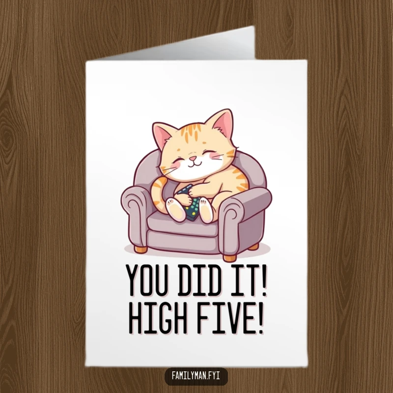 Funny free printable congratulations card showing a content cat on a couch with a remote, celebrating achievements with cozy humor.
