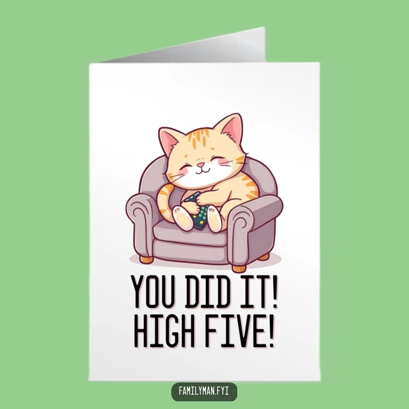 Free Printable Congrats Card: Humorous Content Cat Remote Couch Design, Quick Download