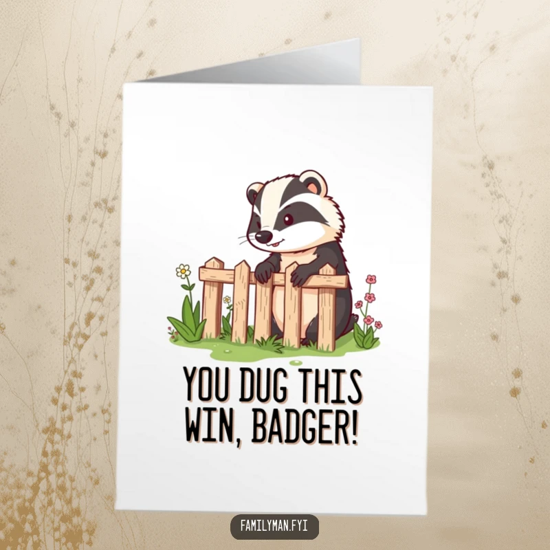 Funny Free Printable Congrats Card: Determined badger proudly surveying his fenced garden, a DIY humorous gift.