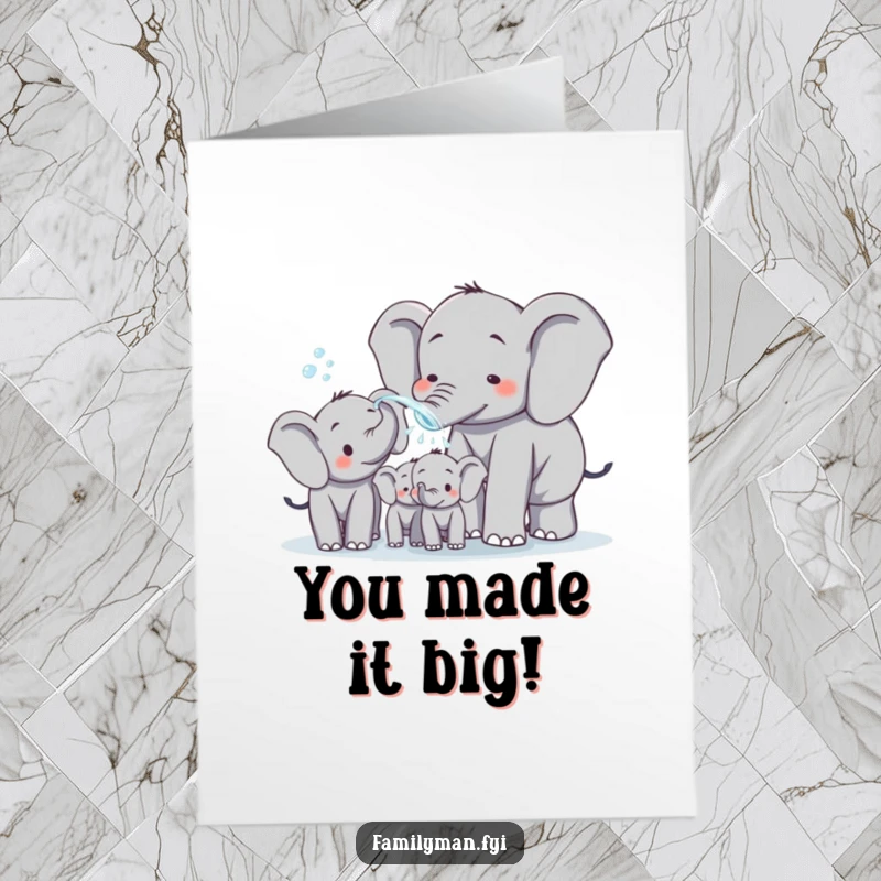 Funny Free Printable Elephant Dad Congratulations Card: Dad elephant sprays water, celebrating a joyful occasion with family.
