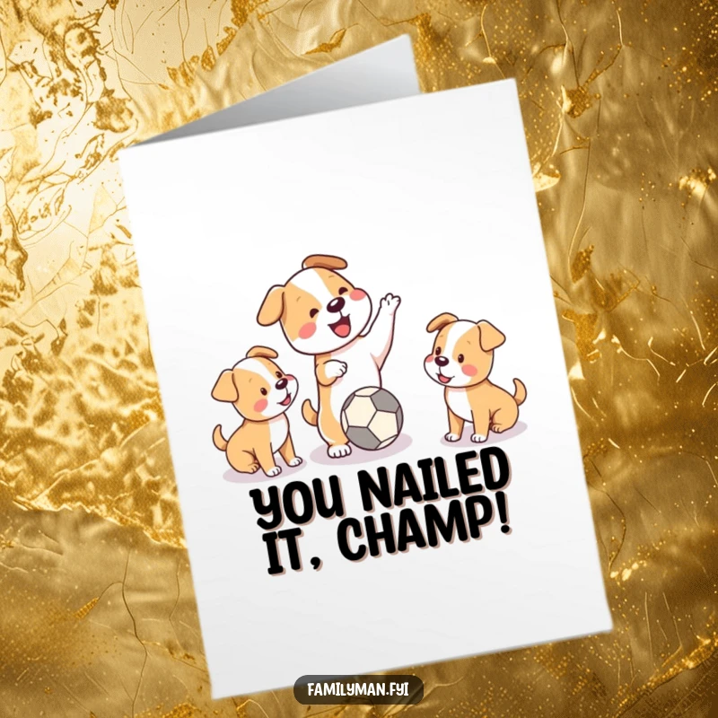 Funny Free Printable Congrats Card: Playful dog throwing a ball for two happy puppies, celebrating success with joyful play.