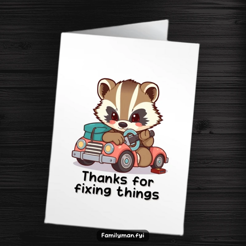 Funny Free Printable Thank You Card: Determined badger expertly fixes a broken toy car, showing gratitude. A practical downloadable gift.