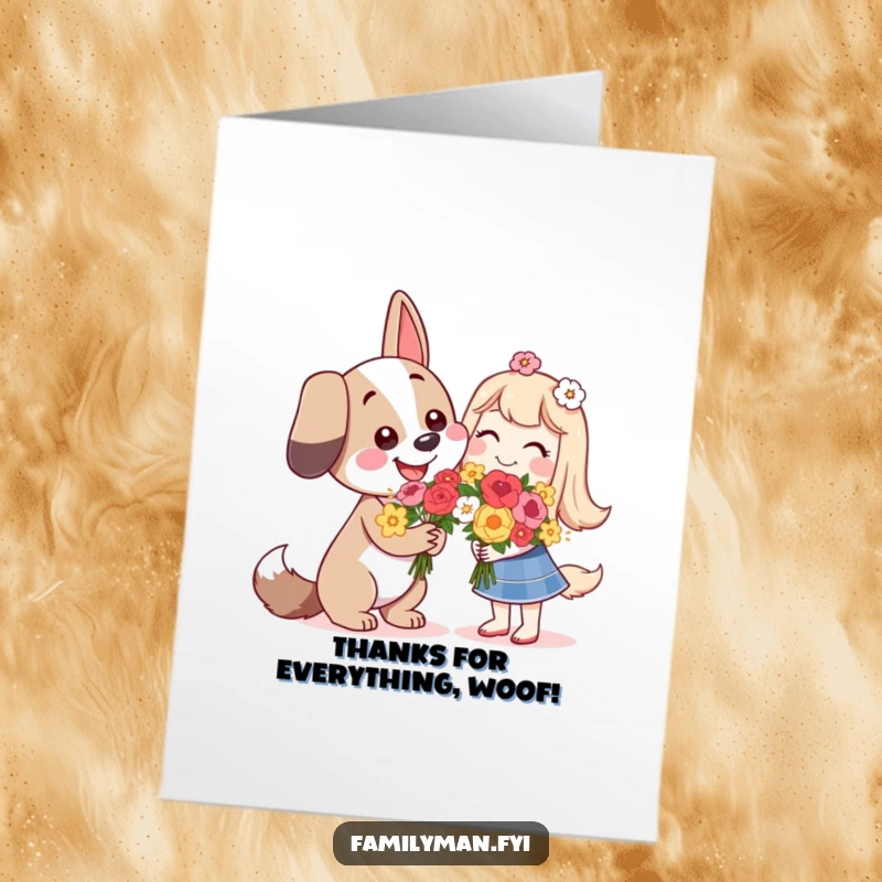 Free Printable Thank You Card: A happy dog gives a bouquet of flowers with a warm smile, expressing thanks.