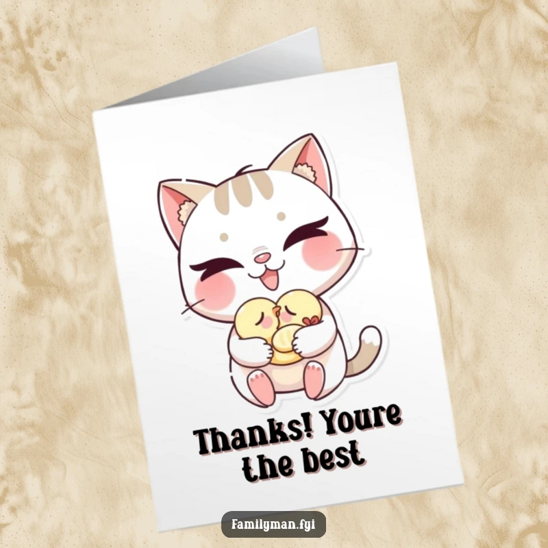 Funny Free Printable Thank You Card: Mischievous cat carrying a sleeping bird, offering a funny and grateful thank you.