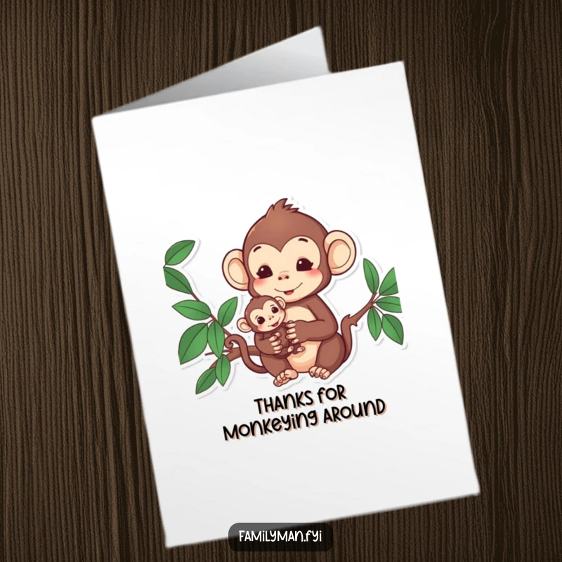 Funny Free Printable Monkey Thank You Card: Content monkey tenderly holding a baby monkey, conveying love and gratitude.